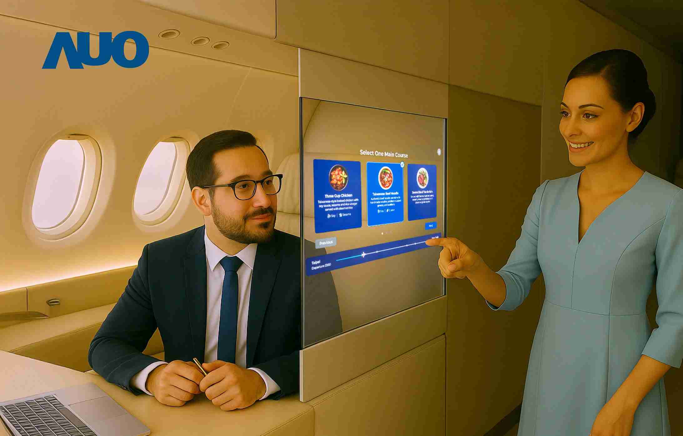 MG电玩研发全球最薄17.3 吋双面透明 Micro LED 显示器，，可在同一屏幕之双边投射不同信息，，，创造独特的”透明化”互动；图为实时翻译交流应用情境